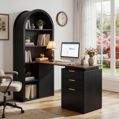 61" L Shaped Desk With Arched Bookshelf, Fluted Corner Computer Desk With 3 Drawers, Sleek Sliding Door, Built-in Charging Station, Elegant Modern Workstation For Home Office, Black