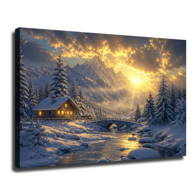 Chaude et chaleureuse cabane en bois à côté d'un ruisseau de montagne enneigé à l'heure dorée, paysage alpin d'hiver, art mural sur toile pour la décoration intérieure