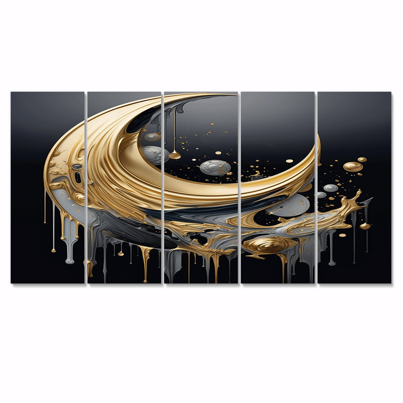 Nouvelle lune montante or noir - art mural géométrique pour le salon 5 pièces, H 32 po x l 80 po
