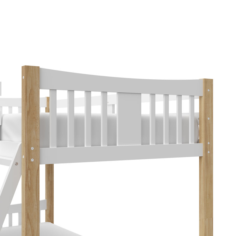 White and Natural Twin Bunk Bed with Wood Frame and Drawer