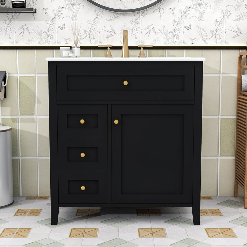 Meuble-lavabo moderne compact avec lavabo en céramique, tiroirs de rangement et tablette réglable, Noir