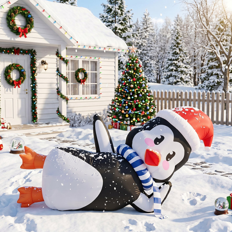 Décoration de Noël d'extérieur de Noël pingouin couché 7,5 pi avec 2 lumières DEL 190D 12 V 1250 mA