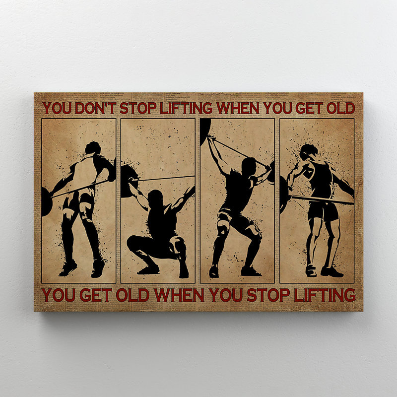 «Man Doing Haltérophile - You Don't Stop Lifting When You Get Old», reproduction d'art graphique rectangulaire sur toile tendue 1 pièce
