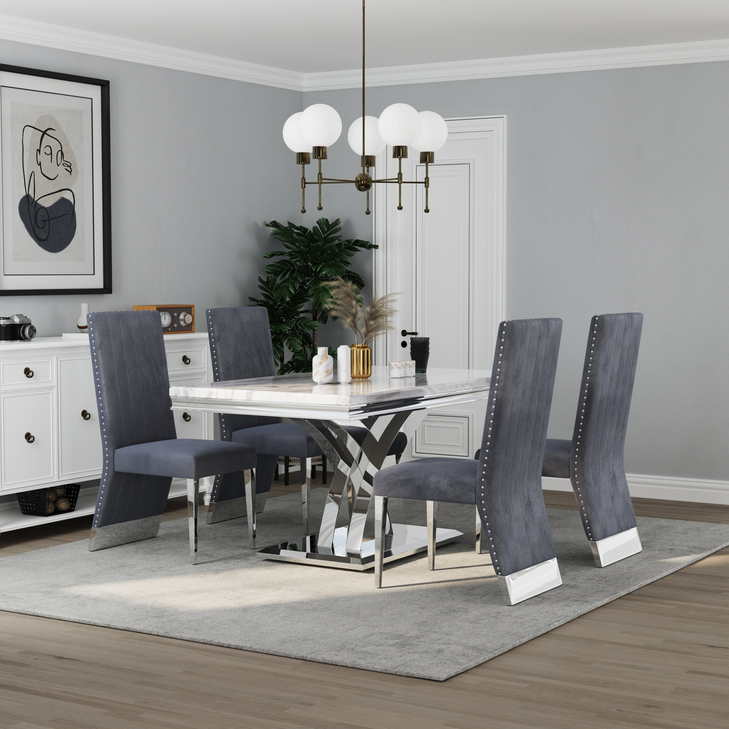 Everly Quinn Luxury Marble Dining Table Set With Velvet Dining Chairs ...
