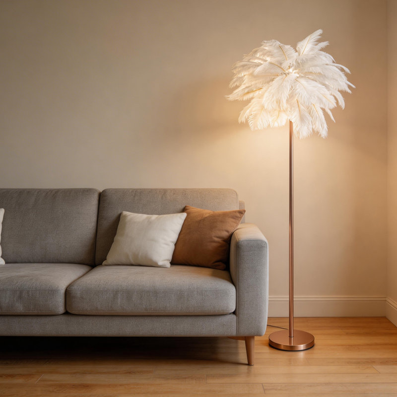 61'' LED Brass Feather Floor Lamp With Outlet, White
