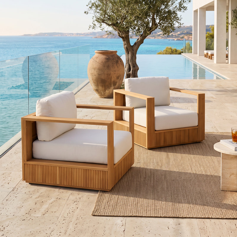 Fauteuil d'extérieur en bois de teck 2 pièces avec coussins, Non