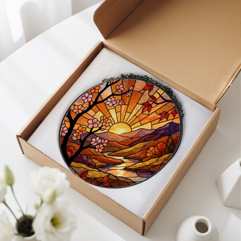 Panneau de vitrail 12 "H Sunset Landscape, H 12 po x l 12 po