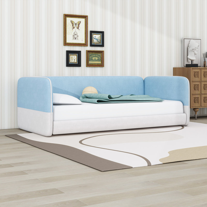 Upholstered Floor Bed with Armrests and Protective Side Rails, Blue