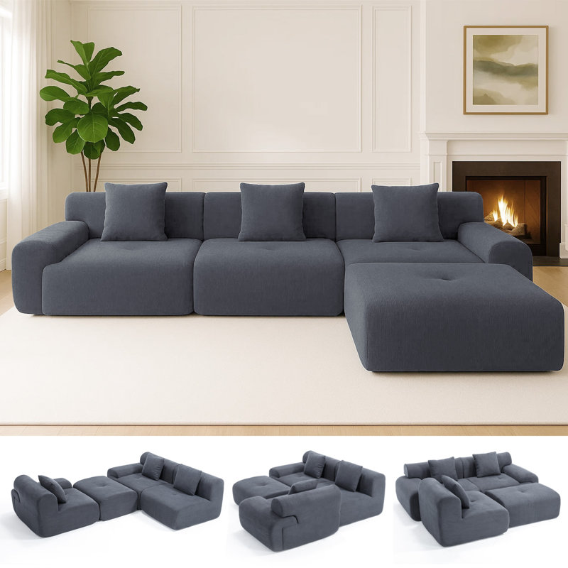 Corduroy Modern Compressed Block Sectional Couch, Gray Corduroy