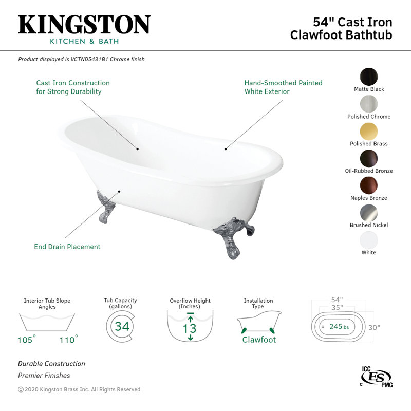 Kingston Brass Tazatina 54-Inch Cast Iron Oval Single Slipper Clawfoot Tub (No Faucet Drillings), Matte Black