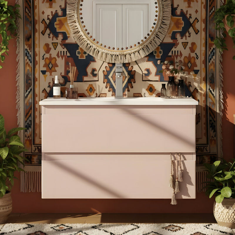 Integrated Ceramic Sink Wall-Mounted Bathroom Vanity, Pink