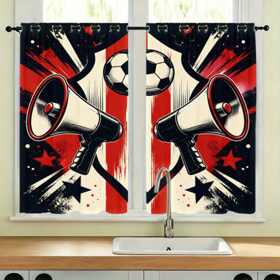 2Pcs Vintage Megaphone Soccer Graphic Blackout Curtains, Retro Style Window Drapes with Sound Blast, Sport Themed Wall Decor for Living Room Bedroom Home Office