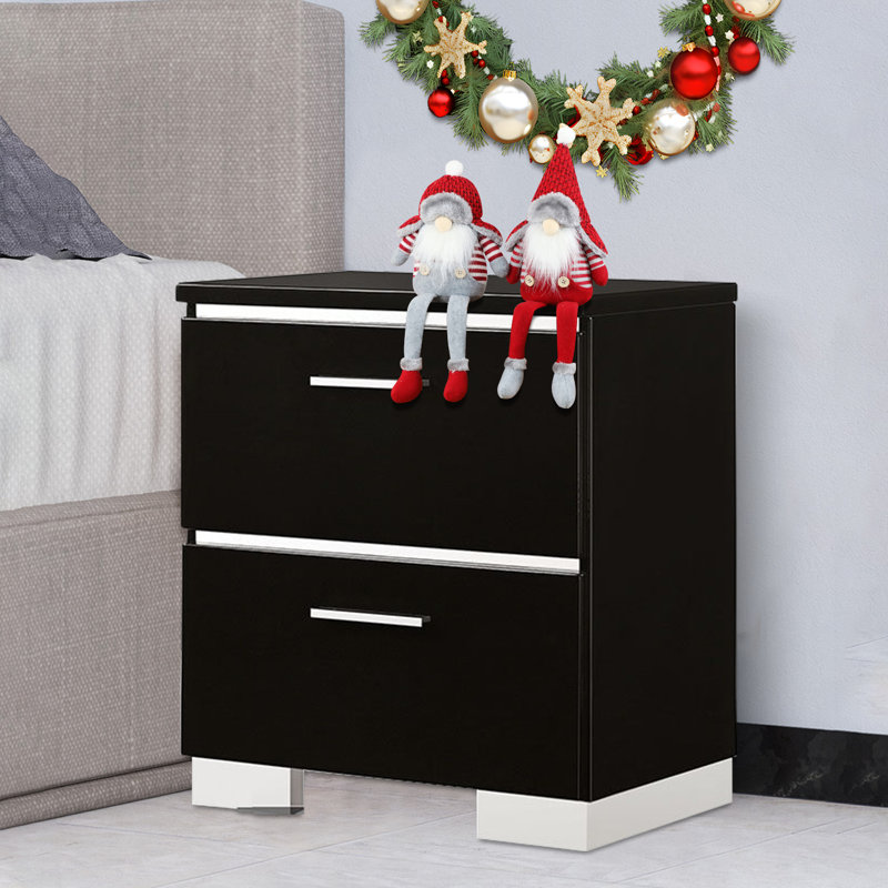 Table de chevet contemporaine 1pc avec poignées et pieds en chrome laqué ultrabrillant noir
