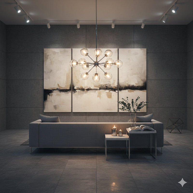 Twelve-Light Chandelier Using Oversized Spherical Bulbs.