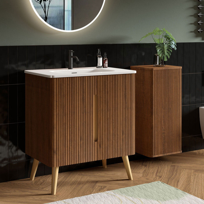 Meuble-lavabo moderne autoportant en noyer avec armoire de rangement flottante