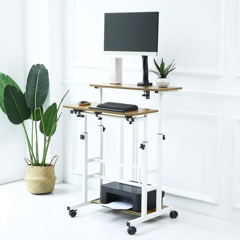 Maletha Adjustable Metal Base Standing Desk, Antique Oak/White
