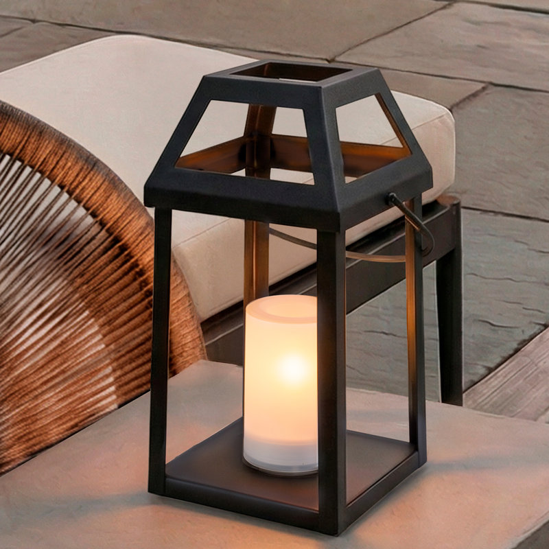 H13” Solar Outdoor Lantern With Flickering Candle Modern Metal Solar Lantern With Handle, Waterproof Patio Table & Hanging Light Auto On/off For Garden Deck
