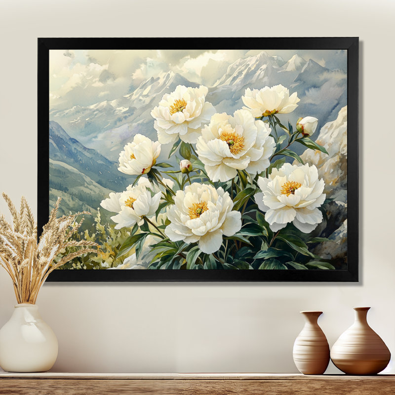 Pivoines près de la crête de montagne III - pivoines, art mural, H 12 po x l 20 po, Cadre simple noir