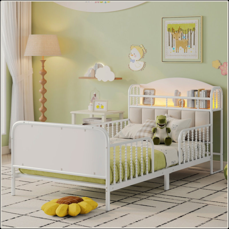 Structure de lit plateforme en métal avec lumière, lit en métal pour enfants avec tête de lit tapissier et rangement, Blanc