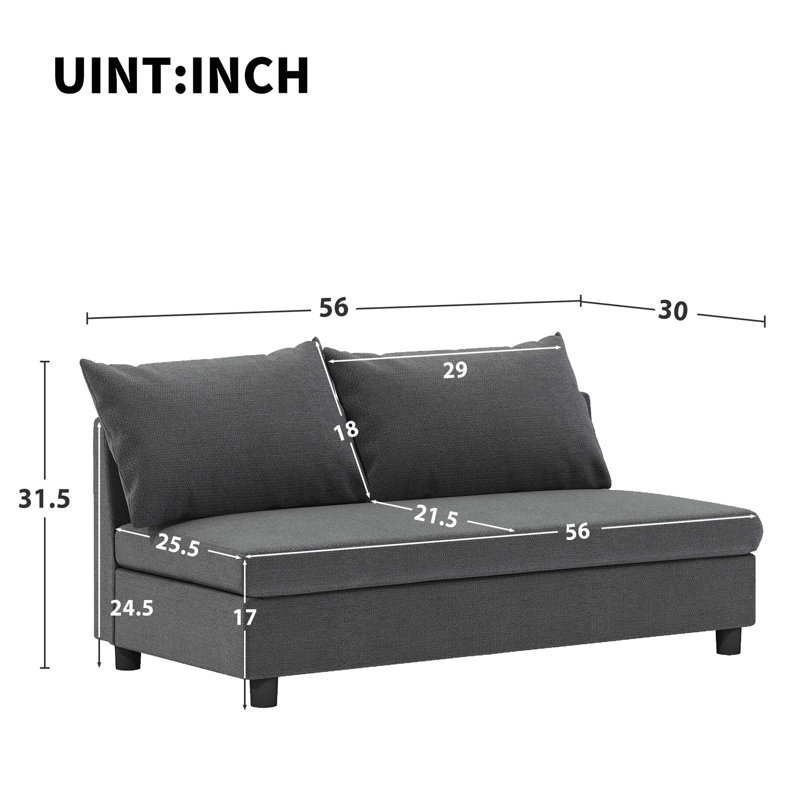 Loveseat Module For Modular Sectional Sofa,Chenille,Minimalist Style, Grey