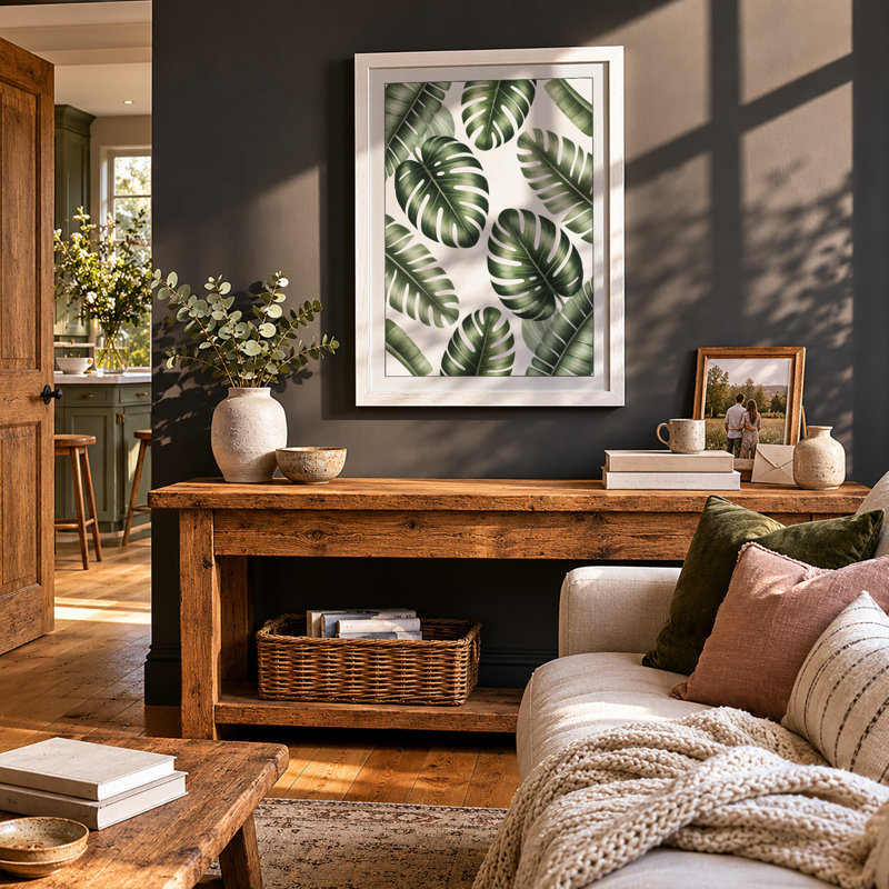 Monstera Leaves Botanical - Framed Print, A2 - 59.4 x 42.0 cm, White