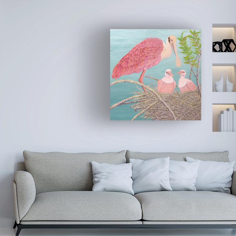 Art mural sur toile tendue - Barbara Wallen «Roseat Spoonbill & Babies», décoration murale pour le salon, la chambre à coucher ou le bureau - 14 x 14