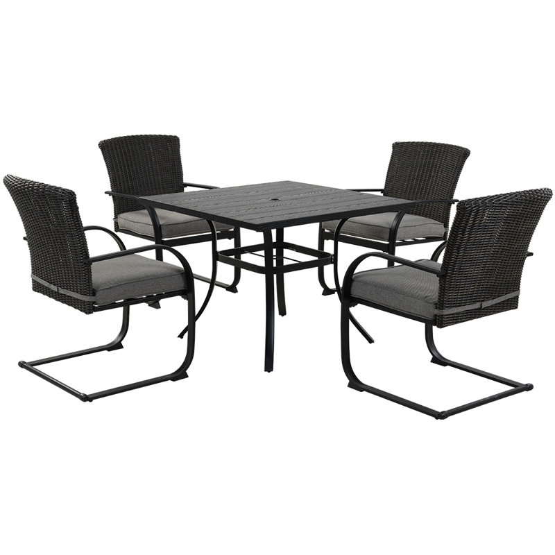 4 - Person Wicker Patio Dining Set with Square Table , Cushions Included, Gray