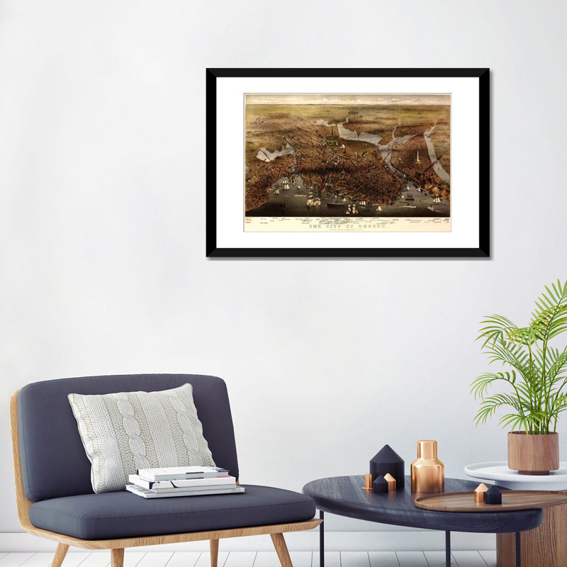 « boston map, 1873 », impression sur toile, H 16 po x l 24 po x P 1 po, Papier d'art encadré noir, Blanc