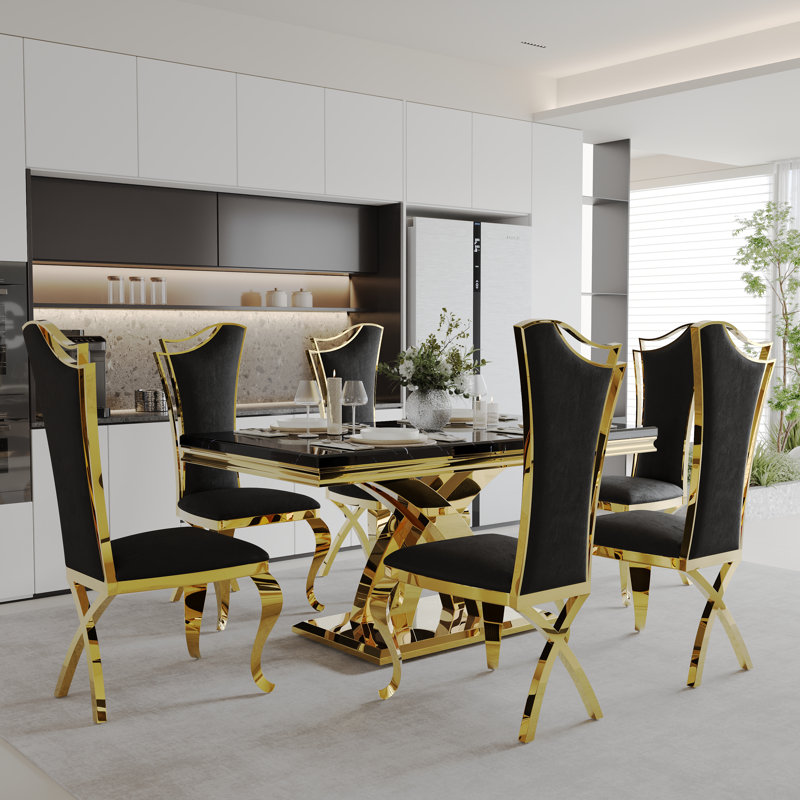 Ensemble de table de salle à manger luxueux noir et or avec 6 chaises de salle à manger en velours noir