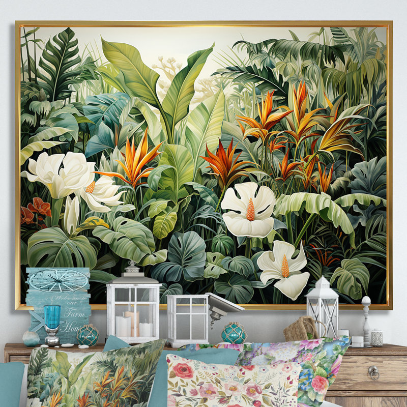 Décoration murale blanche botanique contemporaine Jungle Wonders - Plantes, Cadre flottant doré, H 34 po x l 44 po x P 1,5 po