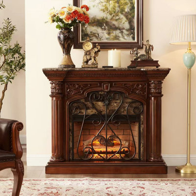 Classic Hand Carved Solid Wood Electric Fireplace Mantel, 59.84"W Brown Lacquered Freestanding Heater for Living Room Bedroom Small Apartments
