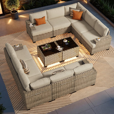 Ensemble modulaire d'extérieur 10 personnes avec coussins et tables basses à DEL, ensemble de patio en osier toutes saisons