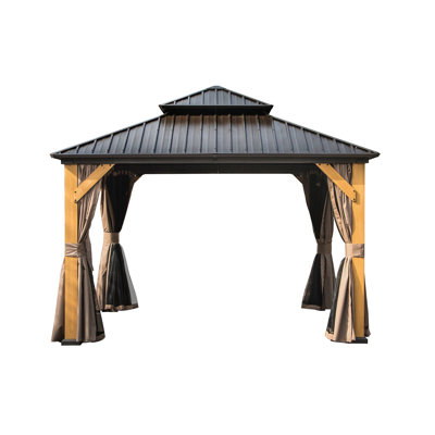 Pavillon de jardin brun avec toit double ventilé et toit en bois pour cadre de jardin 12 pi x 12 pi, toit en acier galvanisé, plaisir extérieur