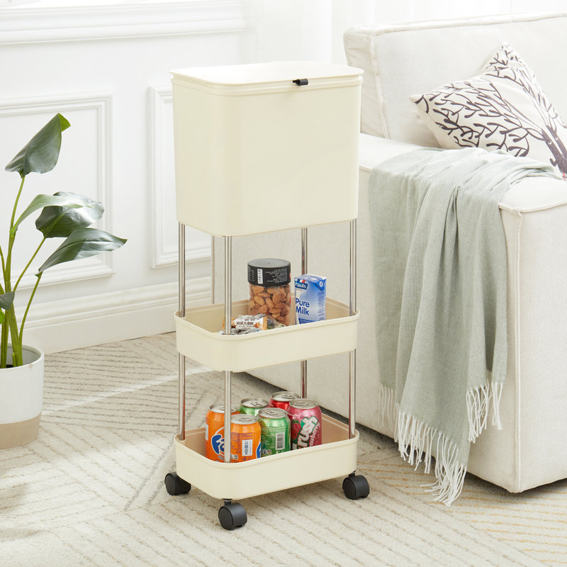 Kitchen Trash Can with Lid Garbage Bin with 2 Storage Shelves Narrow Waste Basket Snack Cart with Wheel