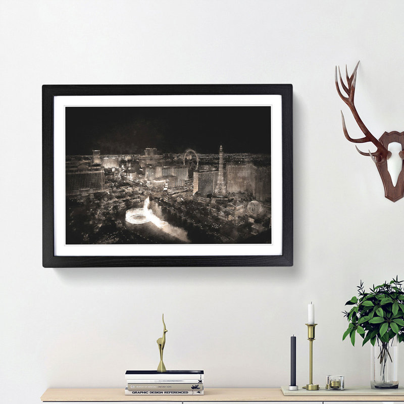 Las Vegas Skyline at Night - Framed Print, 24cm H x 33cm W x 2cm D, Black Framed
