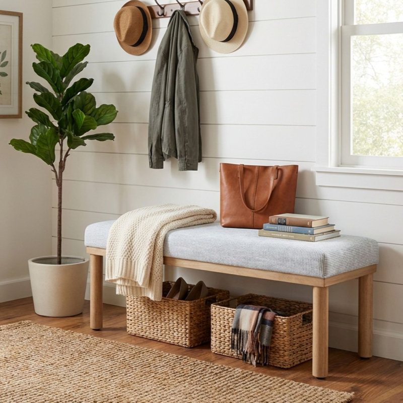 Shikera Upholstered Bench, Blue Pinstripe Woven