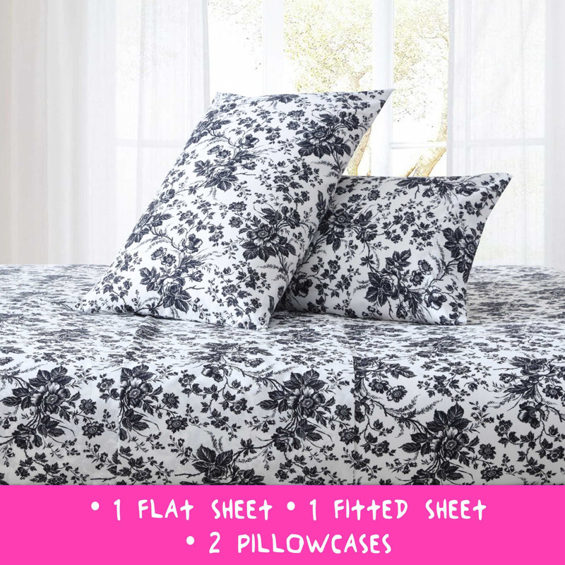 Betsey Johnson Printed Novelty Sheet Sets, Twin Sheet Set + Fitted Sheet + 1 Pillowcase, Betseys Toile Black