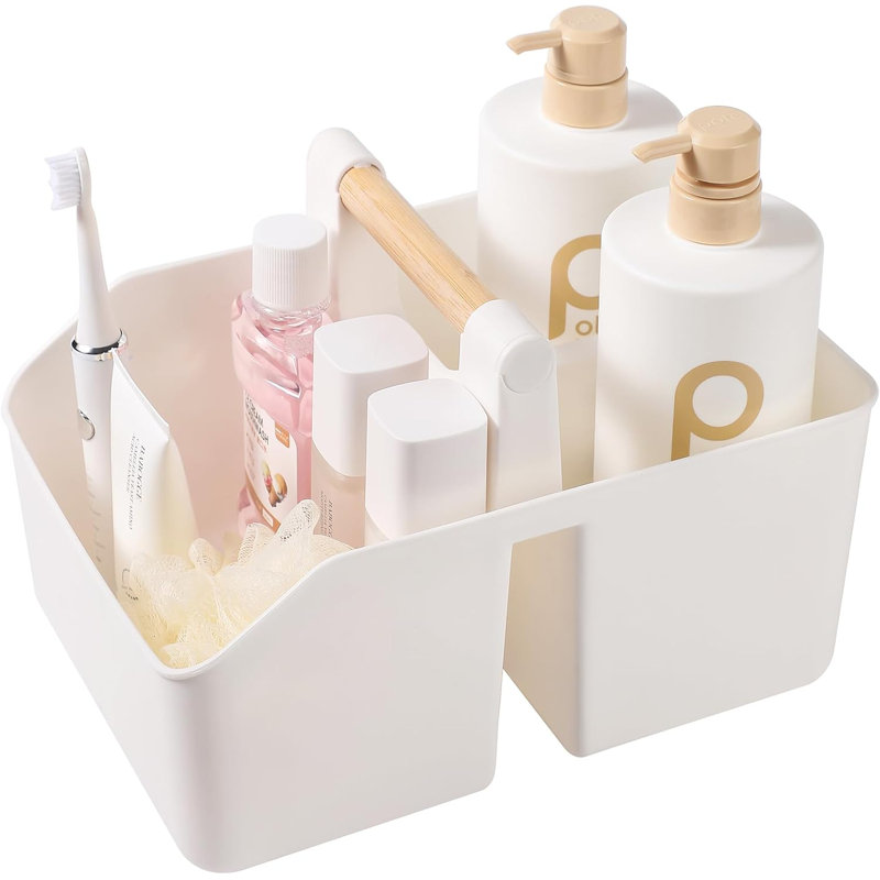 Panier de douche portable avec poignée en bambou, Blanc