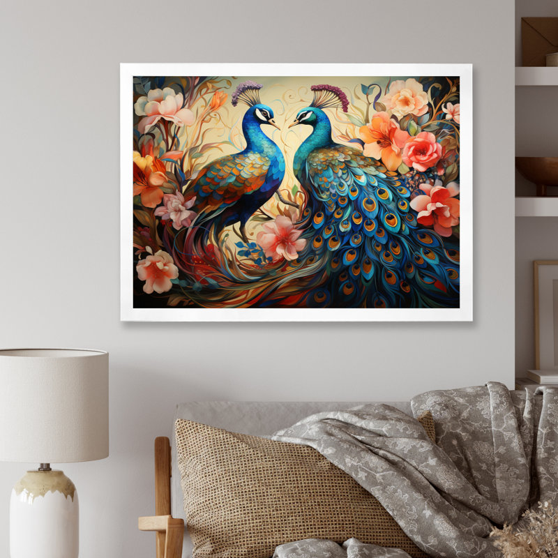 «Blue Coral Indian Art Dancing Peacocks I», art mural indien, Cadre simple blanc, H 16 po x l 32 po x P 1 po