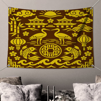 Asian Cultural Symbols Wall Tapestry - Cultural Wall Decor