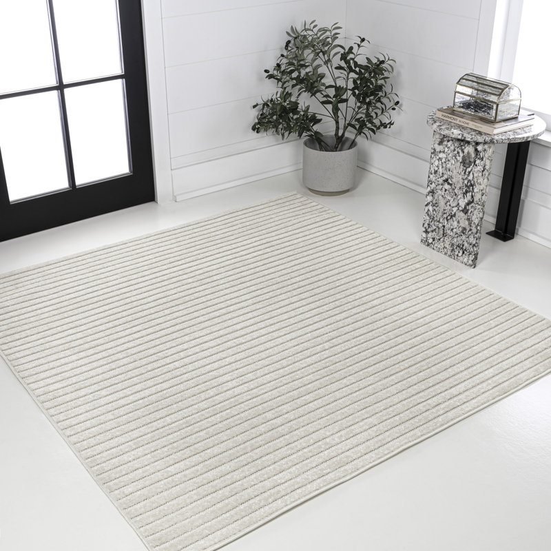 Atricia High-Low Minimalist Scandi Striped Ivory/Cream Indoor/Outdoor Rug, Square 7'