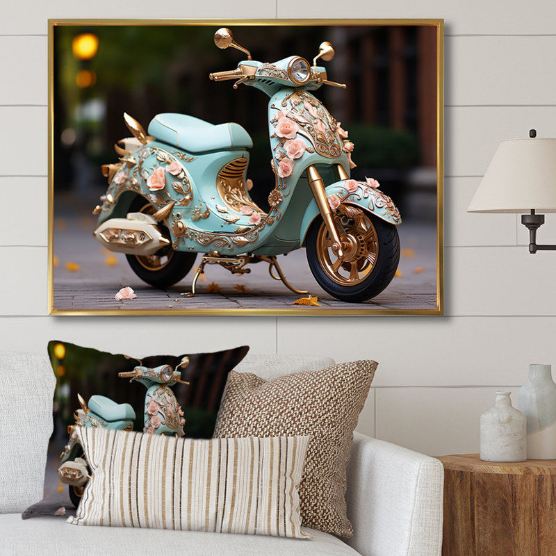 Turquoise, or, scooter personnalisé, croiseur III, impression sur toile, 12" H x 20" W, Black Picture Framed