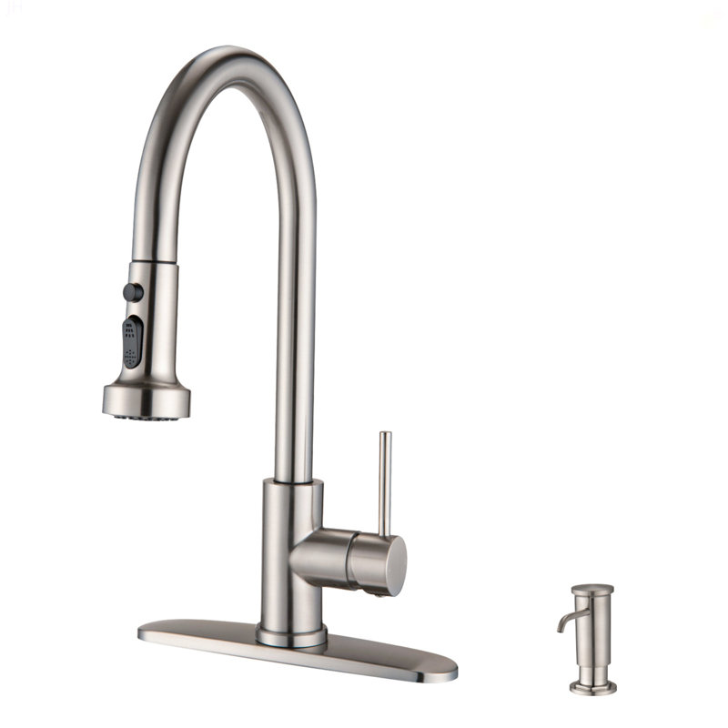 Robinet de cuisine rétractable en acier inoxydable avec distributeur de savon en nickel brossé