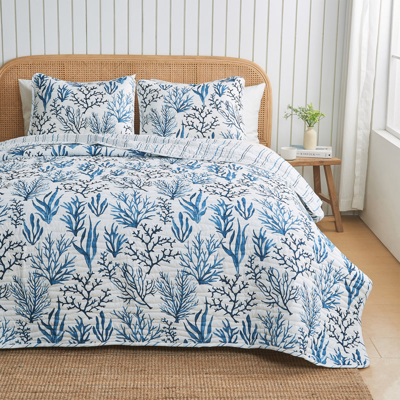 Navy Coral Twin Reversible Microfiber Coastal Quilt Set