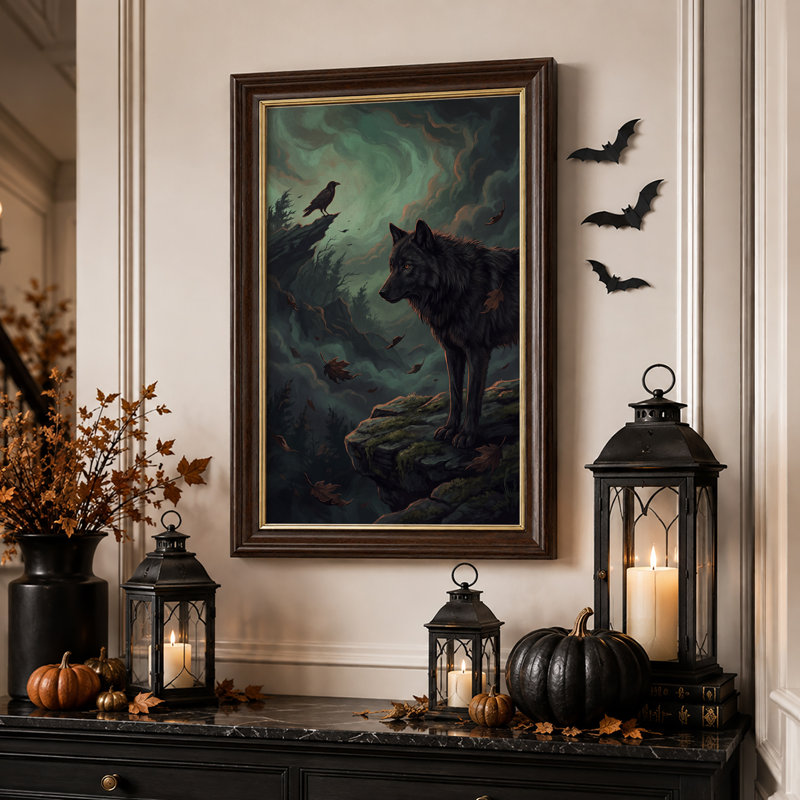 Loup noir et corbeau sur une falaise rocheuse dans une toile murale d'Halloween aux tons turquoise brumeux, 18"H x 12"W