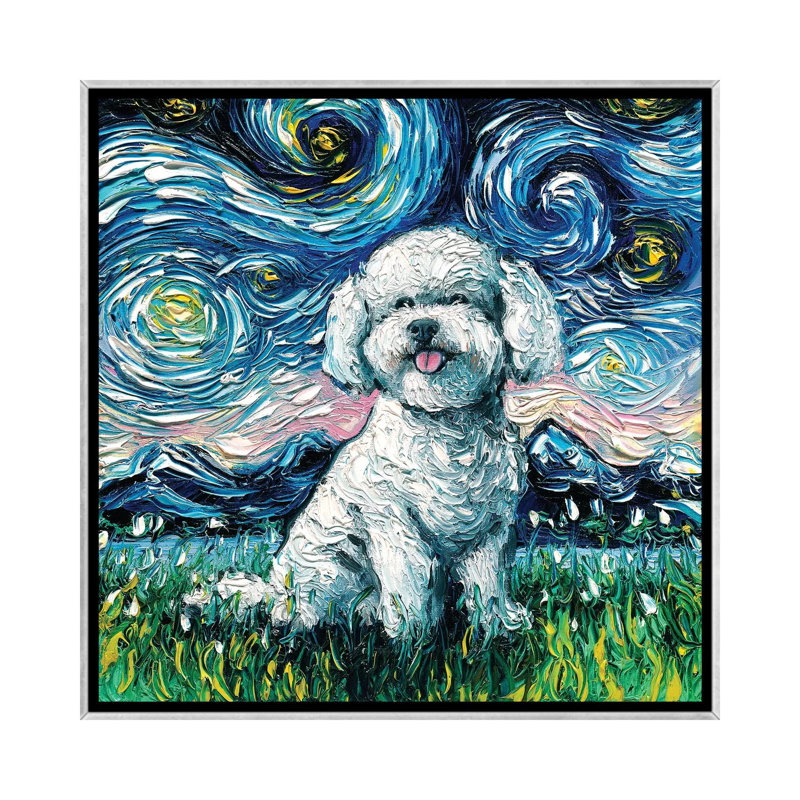 Reproduction d’art, "Bichon frisé Night" par aja Trèves, Pas de tapis, Toile avec cadre argenté, H 26 po x l 26 po x P 1,5 po