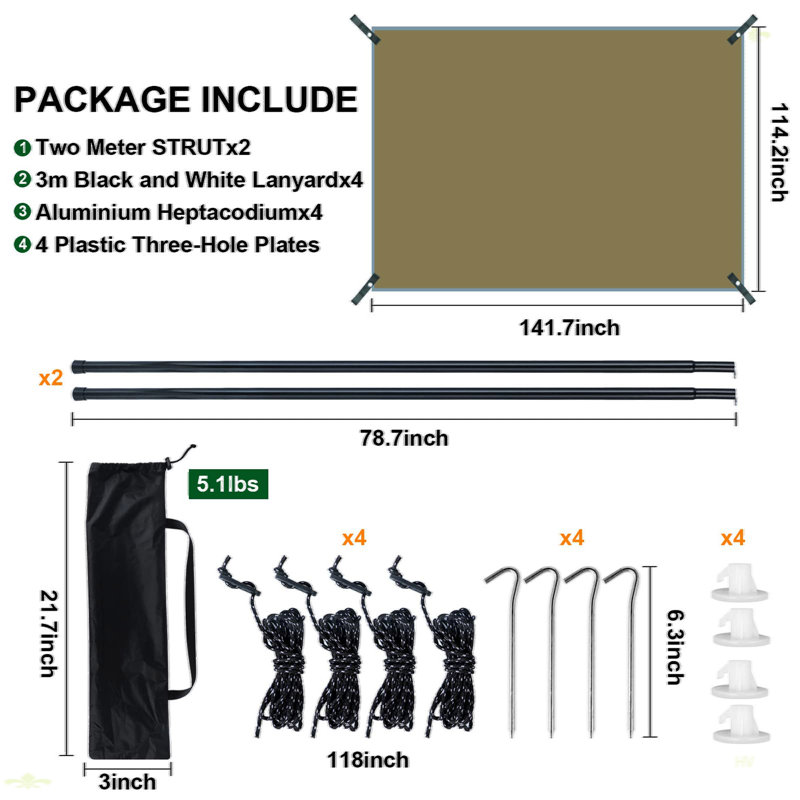 Toile de camping imperméable avec poteaux