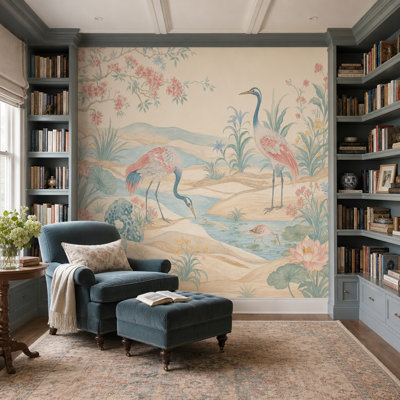 Chinoiserie Wallpaper Cranes Lotus Wall Mural