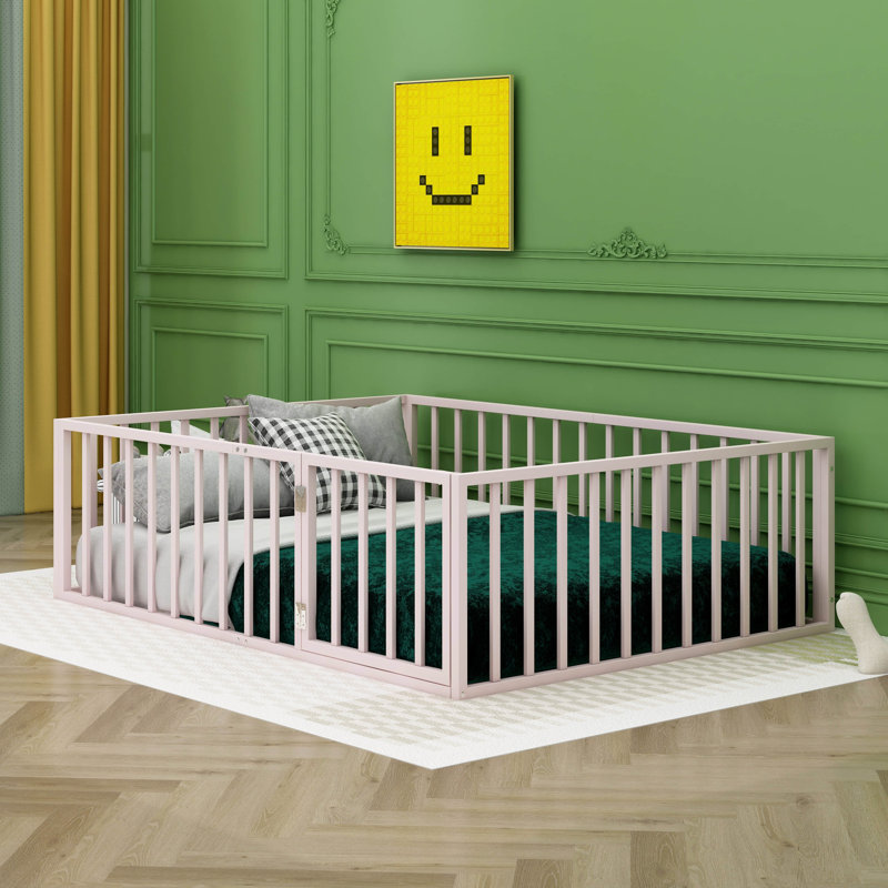 Haryuvraj Floor Bed Frame with Fence and Door, Pink, Full/Double
