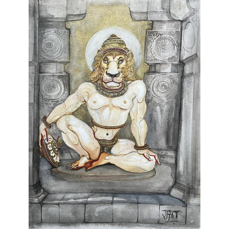 Sculpture de la dynastie Vakataka, seigneur Narasimha, peinture | Peinture à l'aquarelle | Anuj Shastrakar